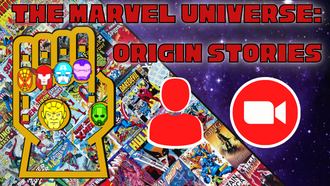 A hand hold infinity stones against a backdrop of Marvel comic book covers. Program title and virtual and in-person icons are included.