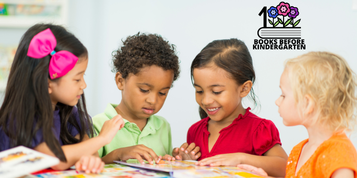 1,000 Books Before Kindergarten logo with 4 kids reading together