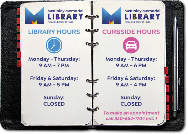 Appointment booklet with open pages showing Library Hours, Curbside Hours