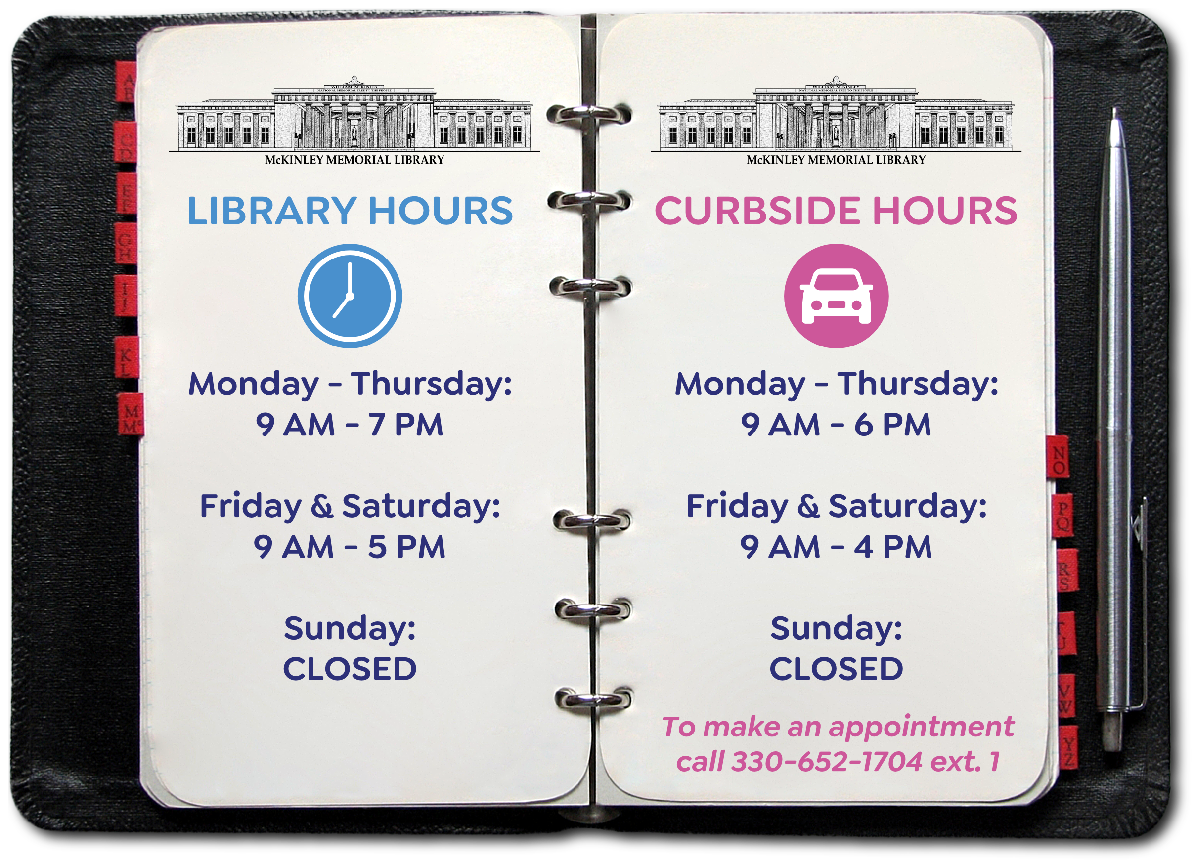 Appointment booklet with open pages showing Library Hours, Curbside Hours